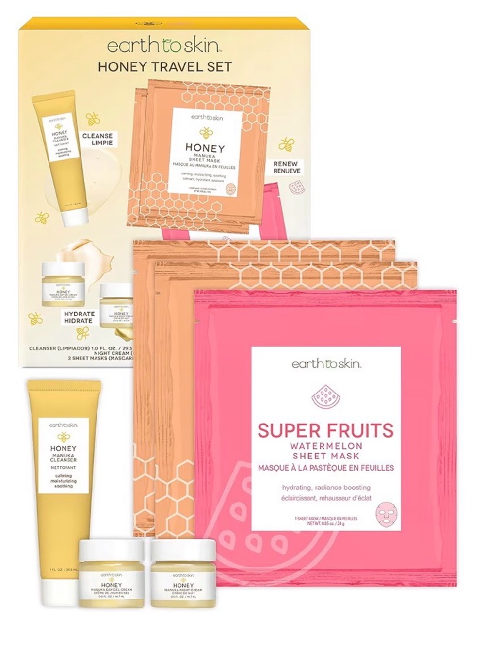 Earth to Skin Honey Travel Gift Set 6pc. Cleanser Hydrate Cream Renew Masks
